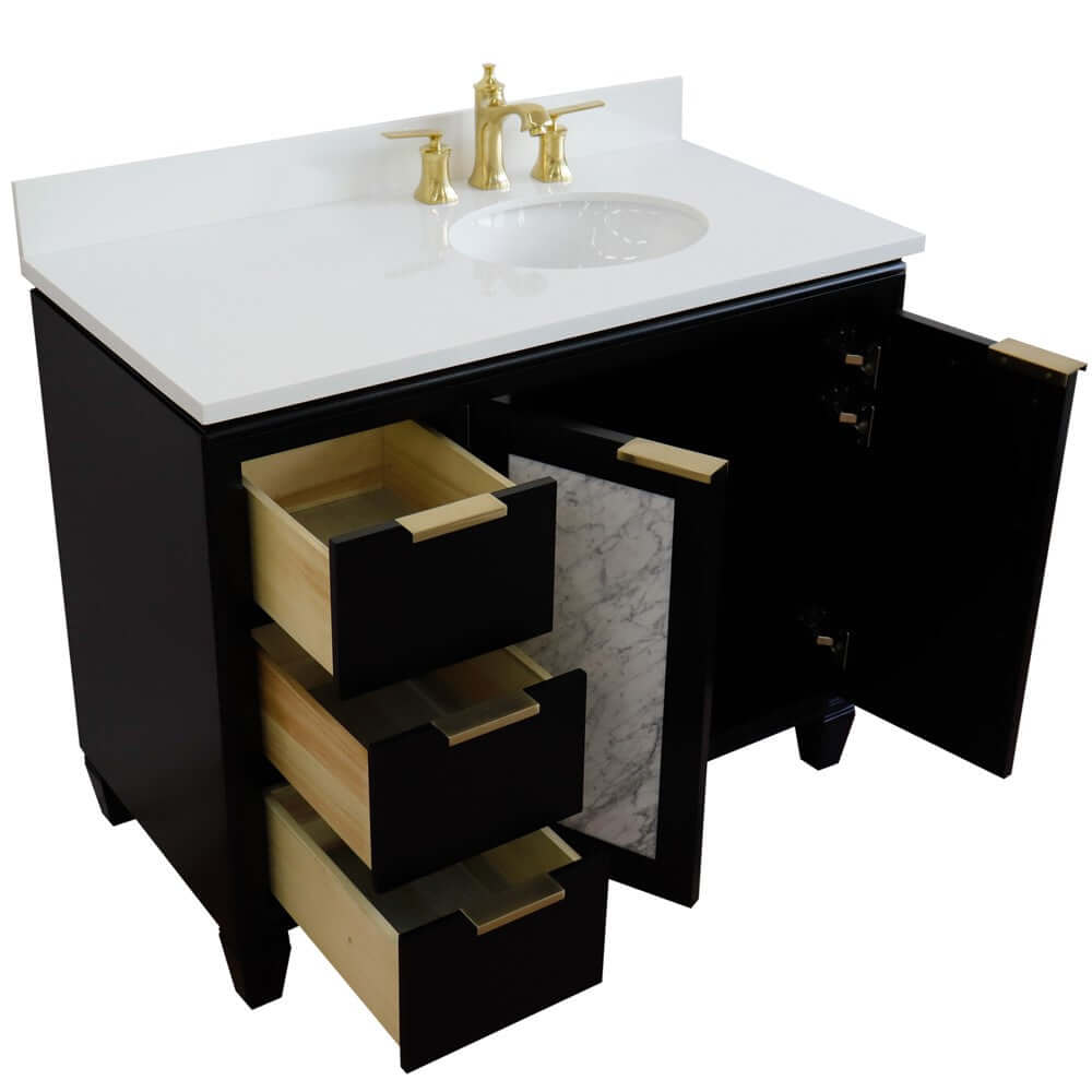 43" Single vanity in Black finish with White quartz and oval sink- Right door/Right sink - 400990-43R-BL-WEOR