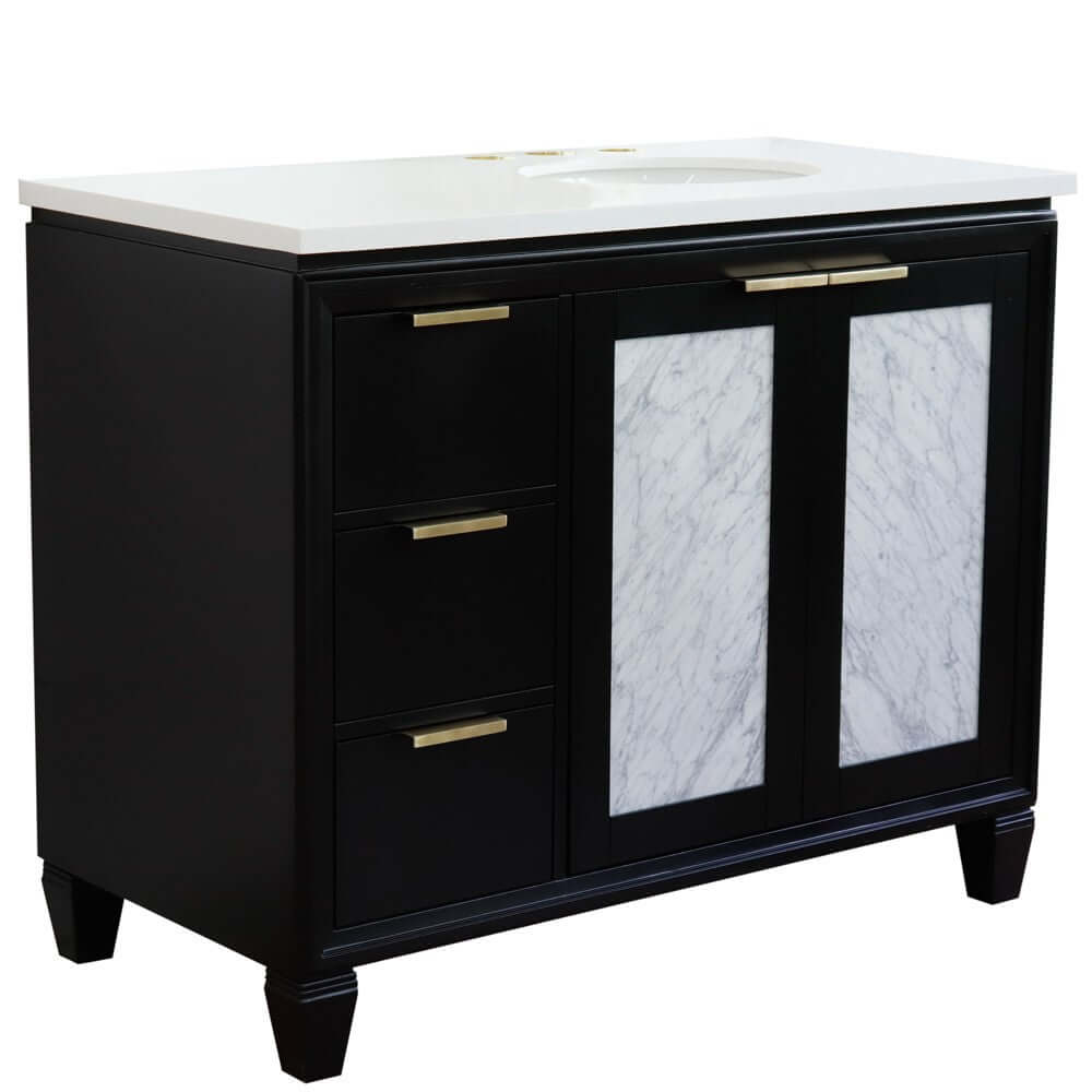 43" Single vanity in Black finish with White quartz and oval sink- Right door/Right sink - 400990-43R-BL-WEOR