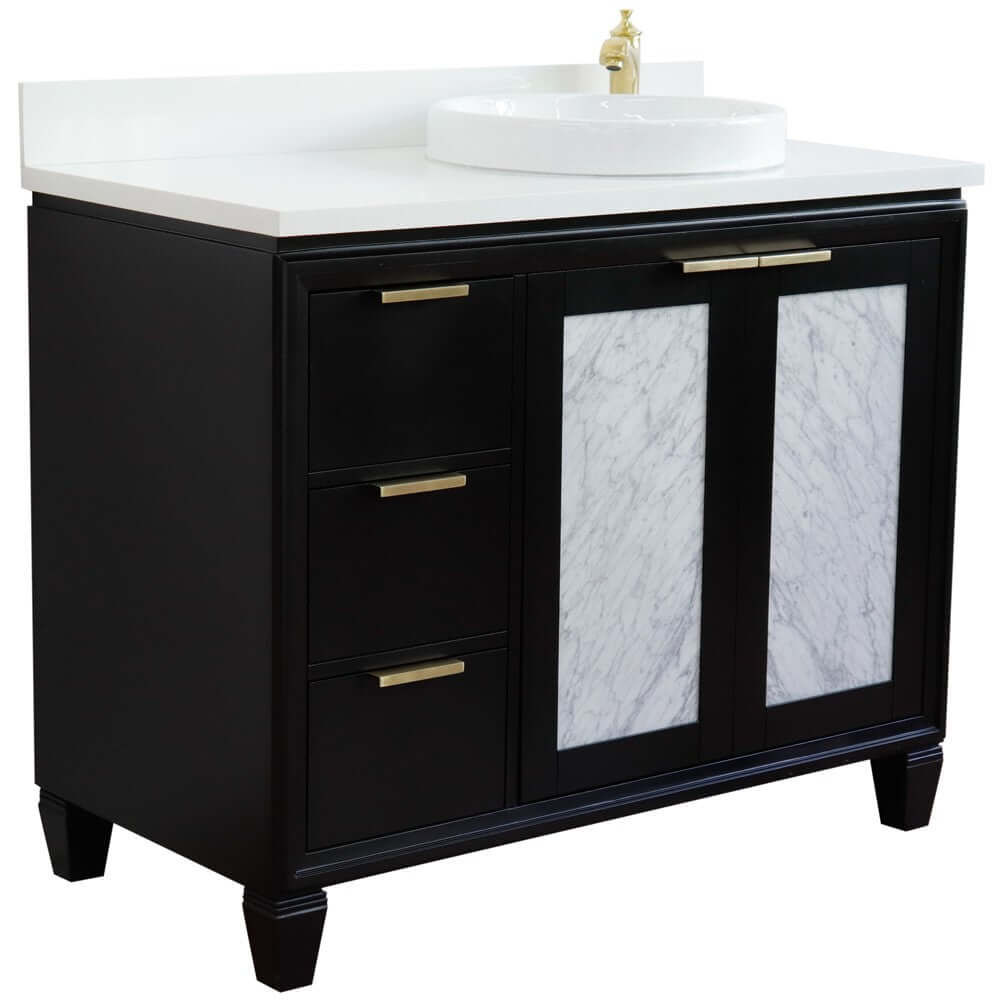 43" Single vanity in Black finish with White quartz and round sink- Right door/Right sink - 400990-43R-BL-WERDR