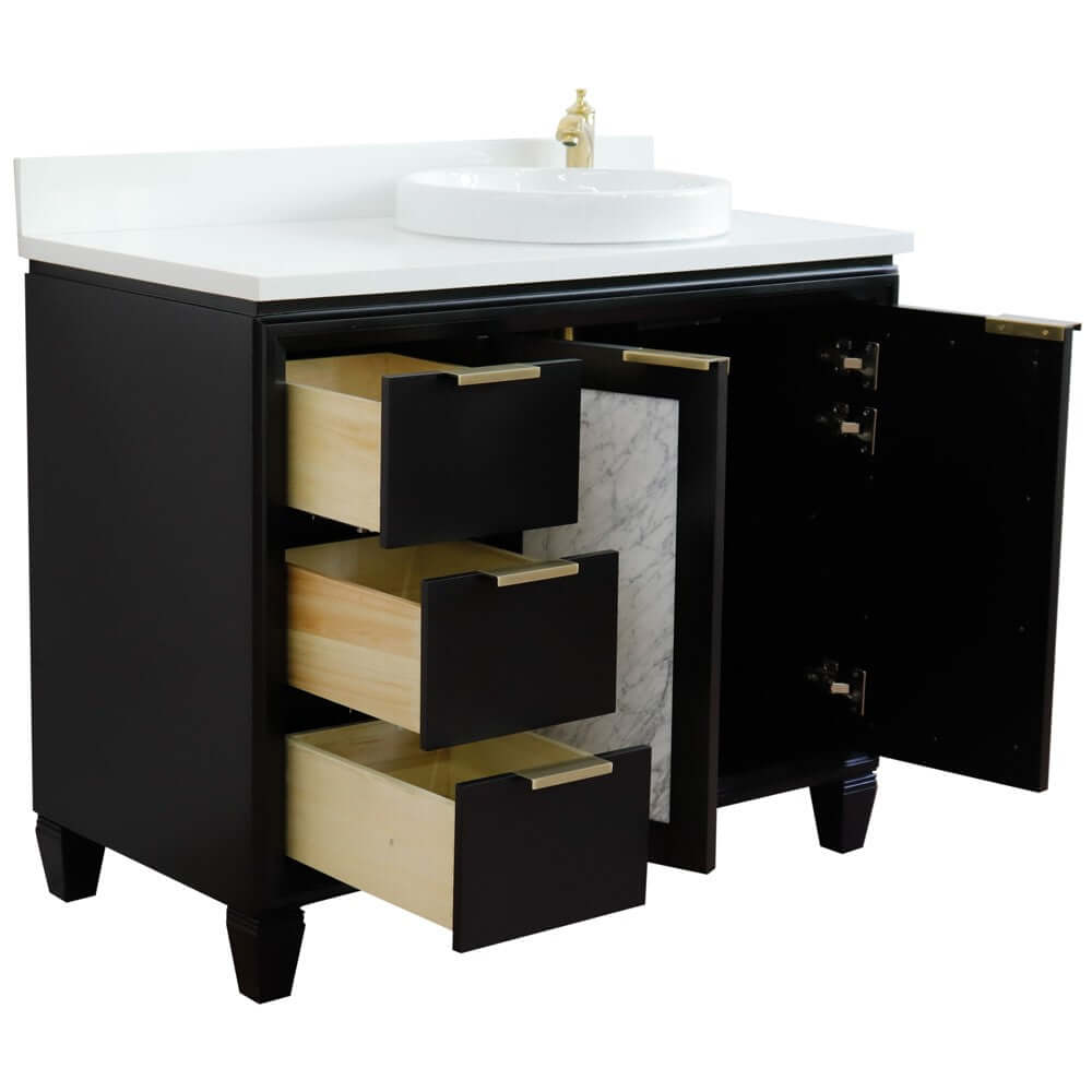 43" Single vanity in Black finish with White quartz and round sink- Right door/Right sink - 400990-43R-BL-WERDR