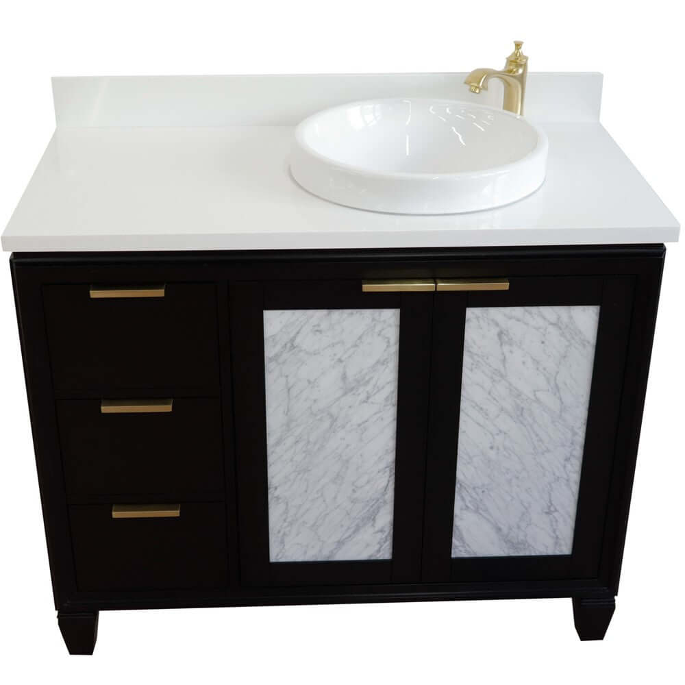 43" Single vanity in Black finish with White quartz and round sink- Right door/Right sink - 400990-43R-BL-WERDR