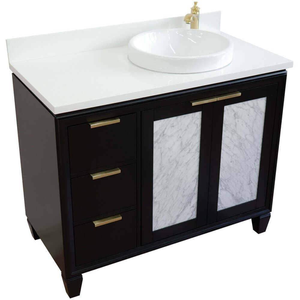 43" Single vanity in Black finish with White quartz and round sink- Right door/Right sink - 400990-43R-BL-WERDR