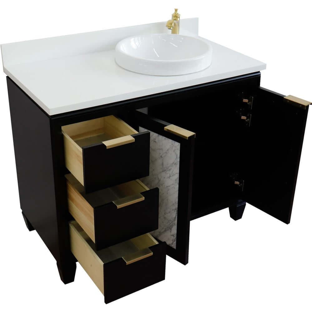 43" Single vanity in Black finish with White quartz and round sink- Right door/Right sink - 400990-43R-BL-WERDR