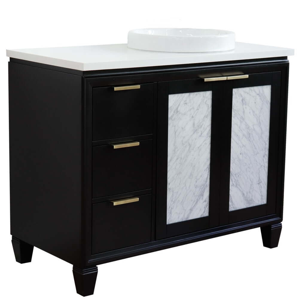 43" Single vanity in Black finish with White quartz and round sink- Right door/Right sink - 400990-43R-BL-WERDR