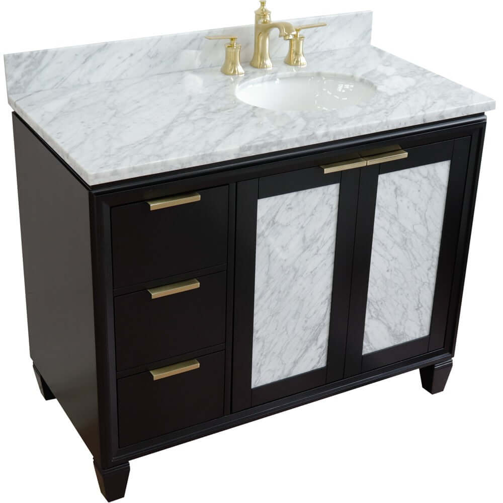 43" Single vanity in Black finish with White Carrara and oval sink- Right door/Right sink - 400990-43R-BL-WMOR