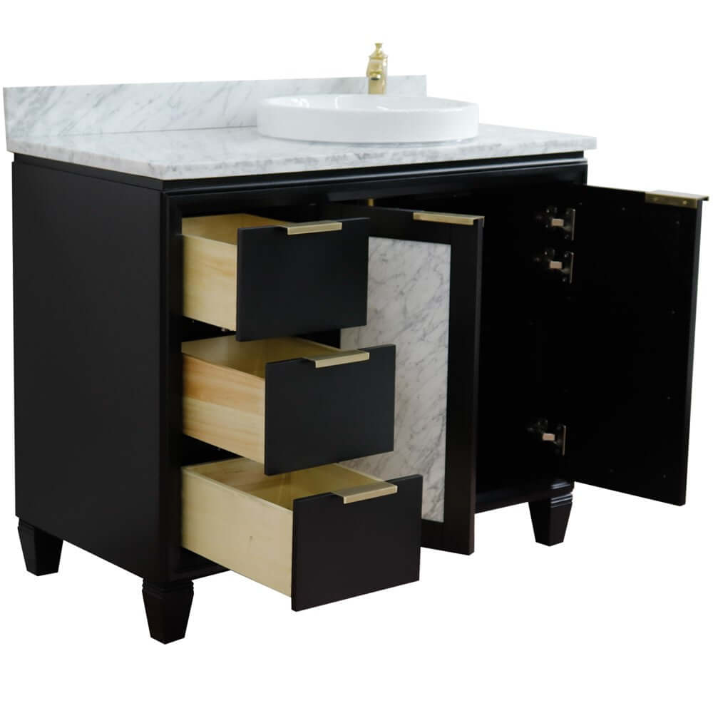 43" Single vanity in Black finish with White Carrara and round sink- Right door/Right sink - 400990-43R-BL-WMRDR