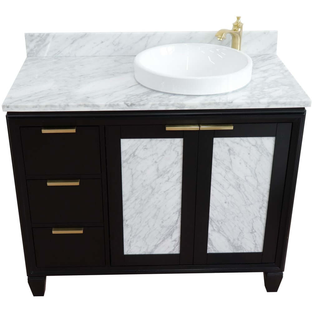 43" Single vanity in Black finish with White Carrara and round sink- Right door/Right sink - 400990-43R-BL-WMRDR