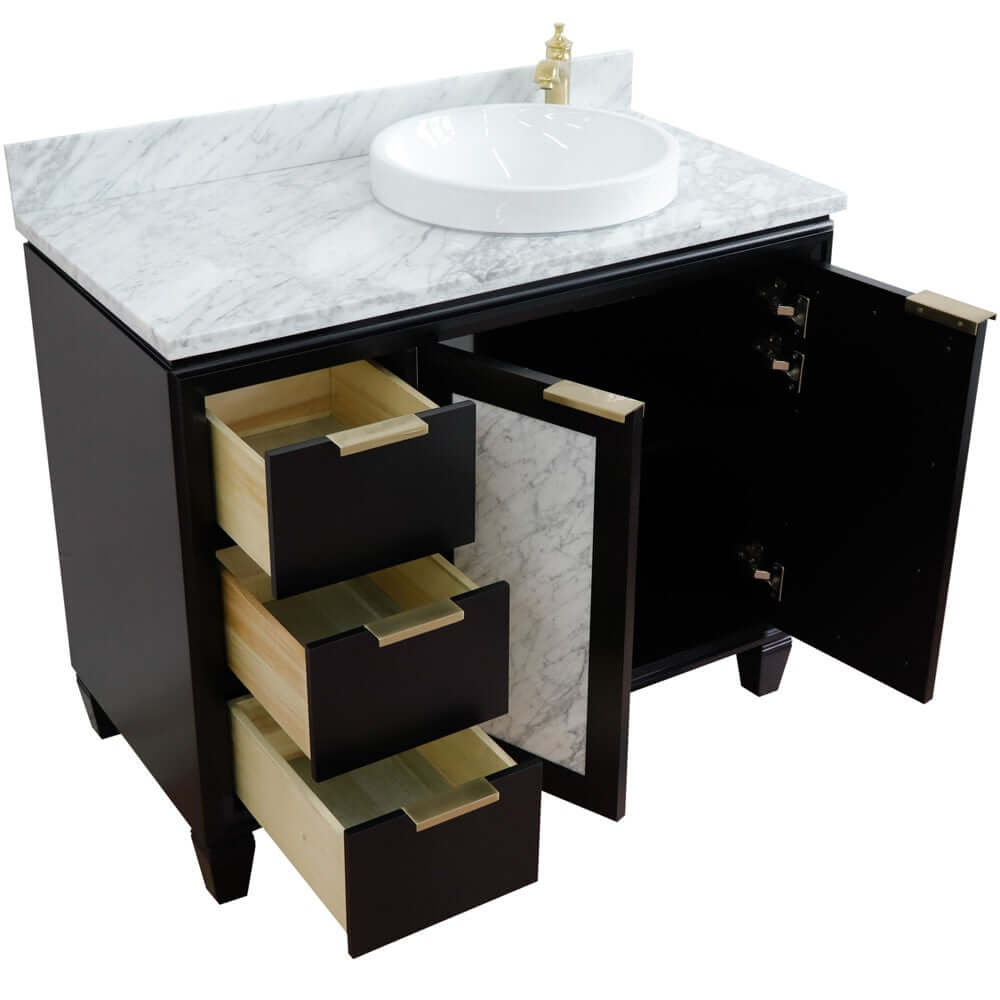 43" Single vanity in Black finish with White Carrara and round sink- Right door/Right sink - 400990-43R-BL-WMRDR