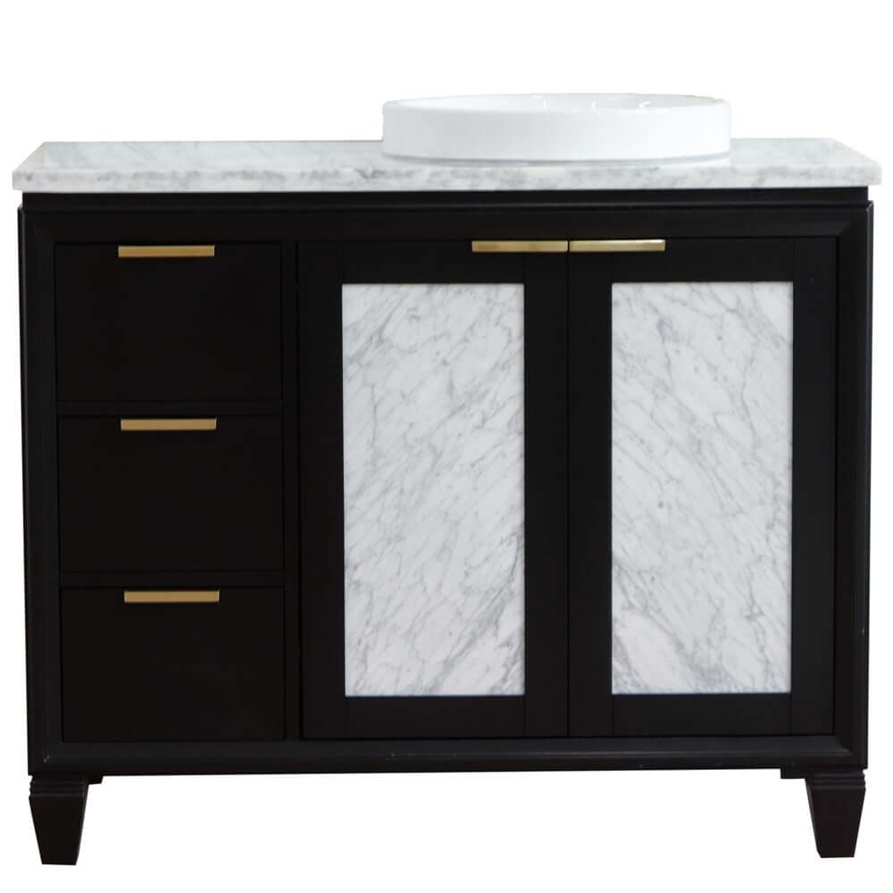 43" Single vanity in Black finish with White Carrara and round sink- Right door/Right sink - 400990-43R-BL-WMRDR