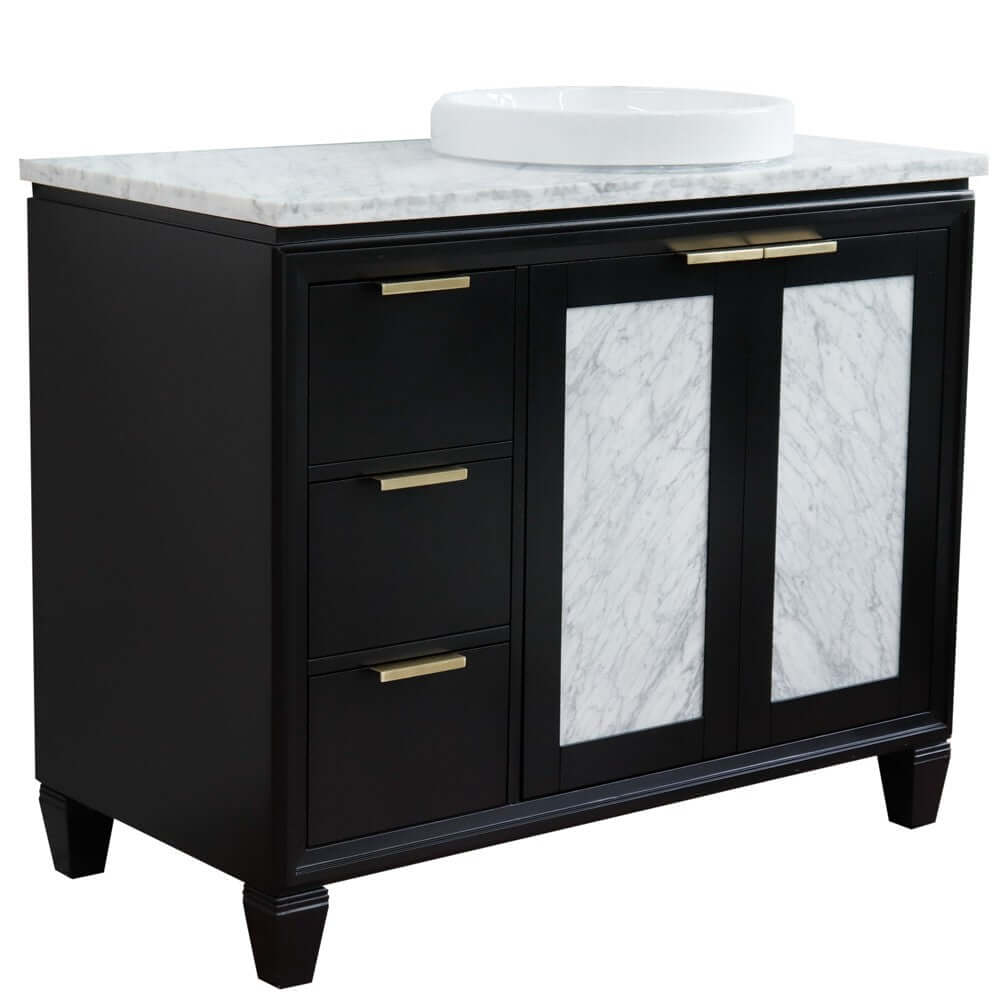 43" Single vanity in Black finish with White Carrara and round sink- Right door/Right sink - 400990-43R-BL-WMRDR