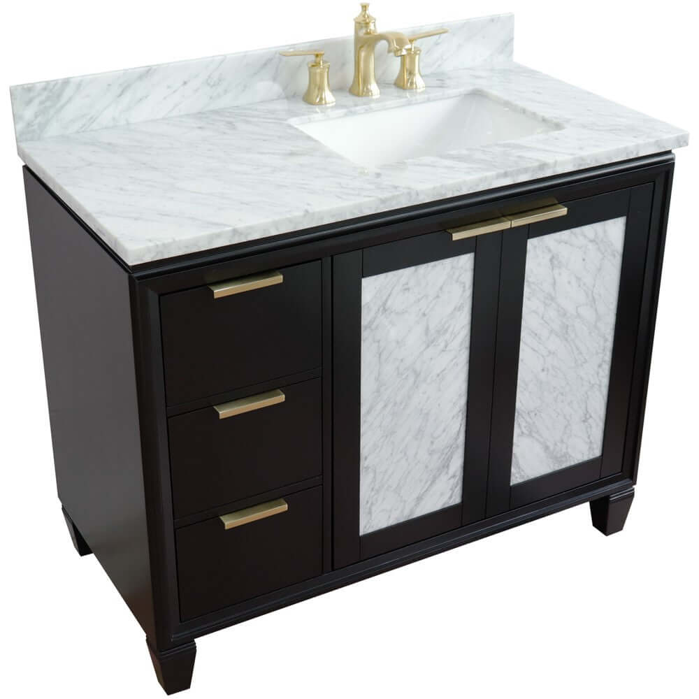 43" Single vanity in Black finish with White Carrara and rectangle sink- Right door/Right sink - 400990-43R-BL-WMRR