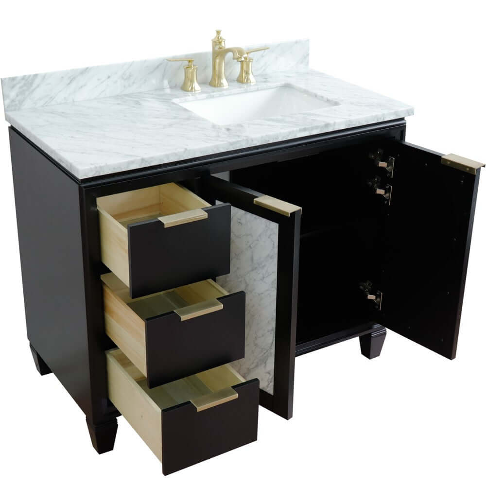 43" Single vanity in Black finish with White Carrara and rectangle sink- Right door/Right sink - 400990-43R-BL-WMRR