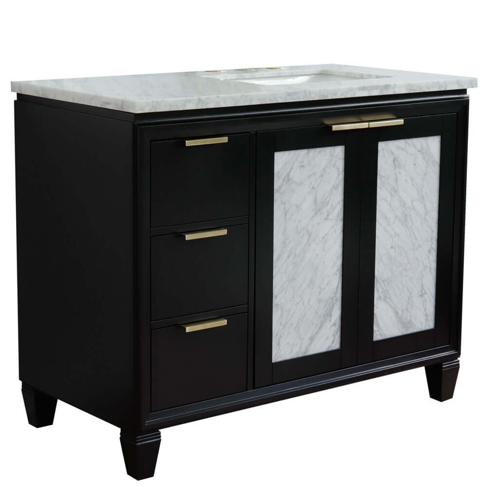 43" Single vanity in Black finish with White Carrara and rectangle sink- Right door/Right sink - 400990-43R-BL-WMRR