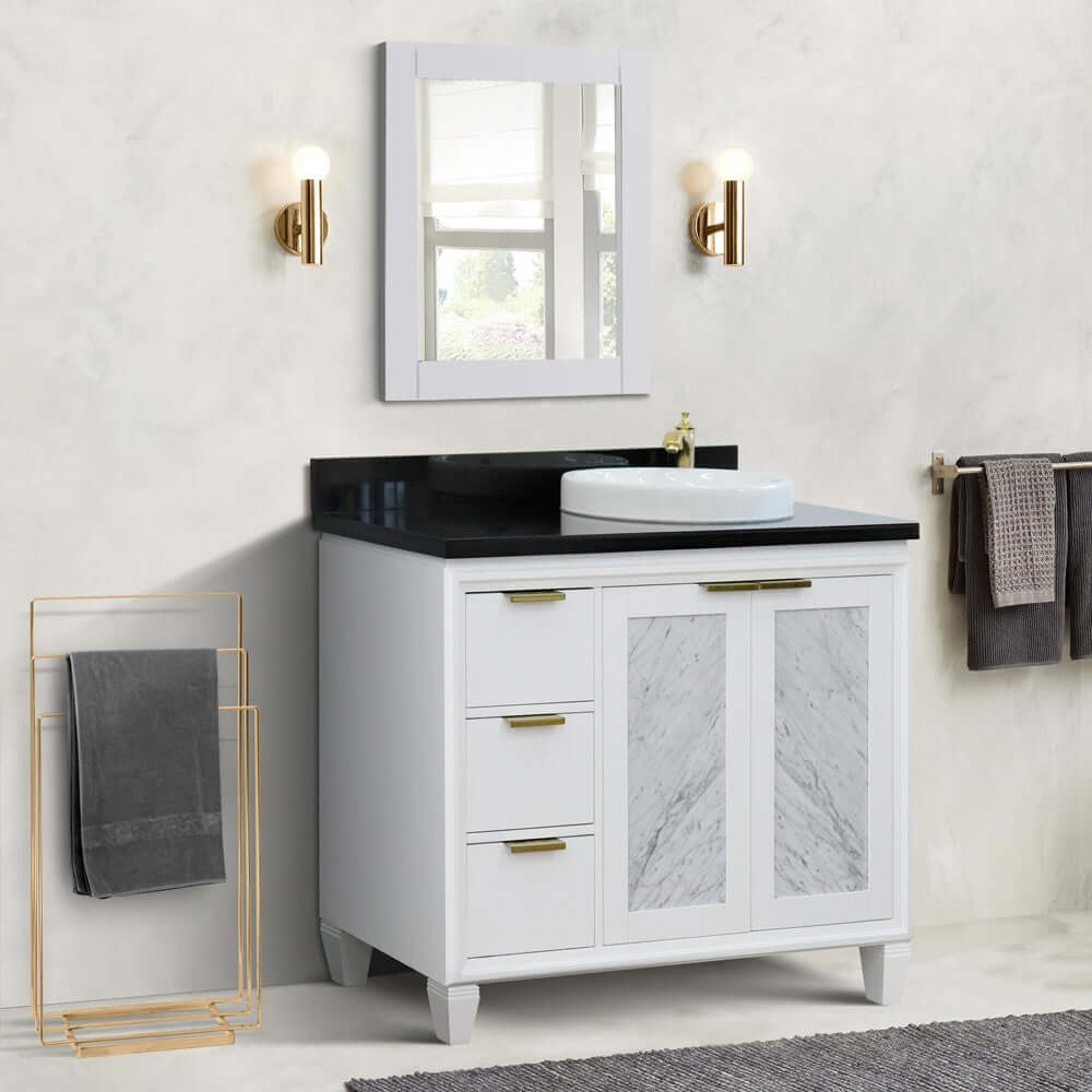 43" Single vanity in White finish with Black galaxy and round sink- Right door/Right sink - 400990-43R-WH-BGRDR