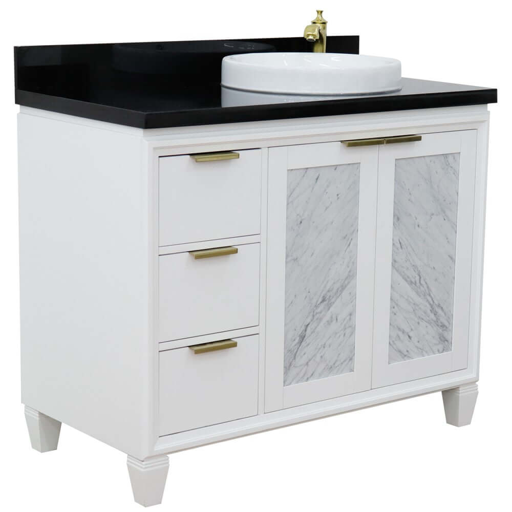 43" Single vanity in White finish with Black galaxy and round sink- Right door/Right sink - 400990-43R-WH-BGRDR