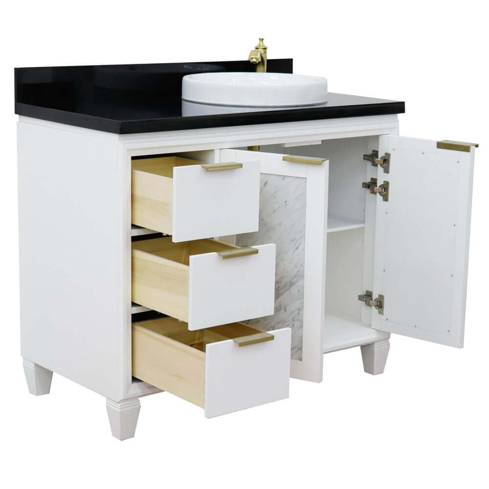 43" Single vanity in White finish with Black galaxy and round sink- Right door/Right sink - 400990-43R-WH-BGRDR