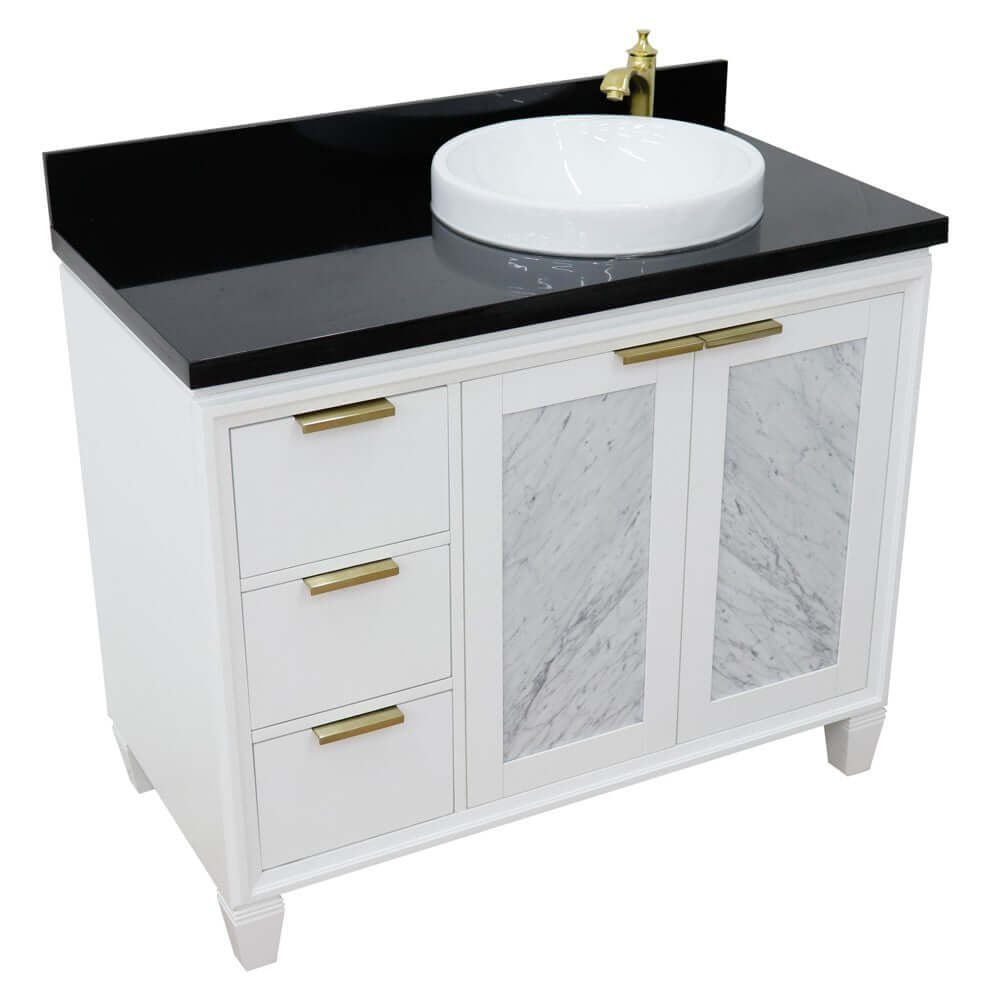 43" Single vanity in White finish with Black galaxy and round sink- Right door/Right sink - 400990-43R-WH-BGRDR