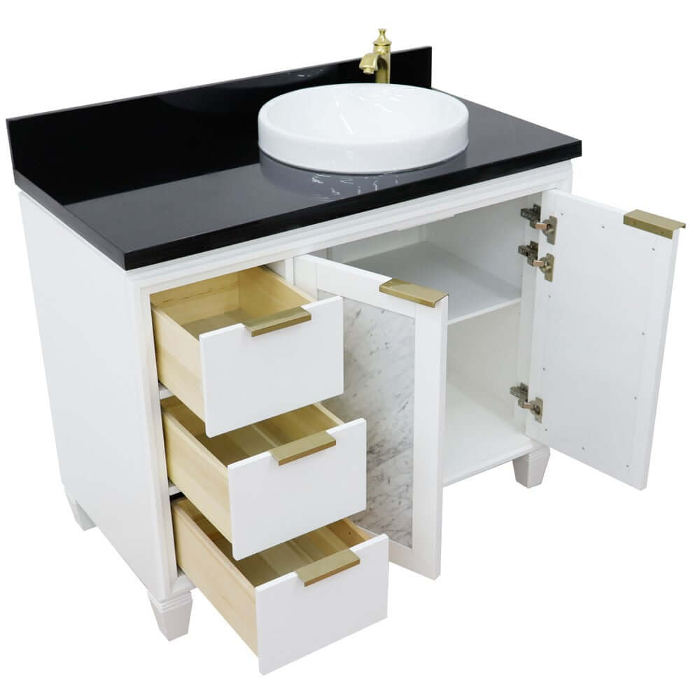 43" Single vanity in White finish with Black galaxy and round sink- Right door/Right sink - 400990-43R-WH-BGRDR