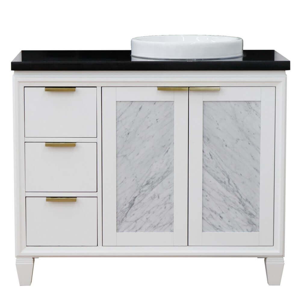 43" Single vanity in White finish with Black galaxy and round sink- Right door/Right sink - 400990-43R-WH-BGRDR