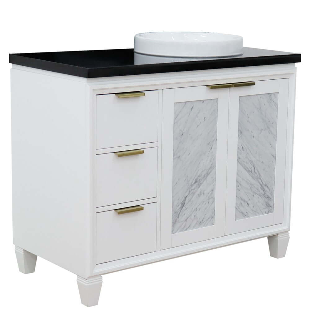 43" Single vanity in White finish with Black galaxy and round sink- Right door/Right sink - 400990-43R-WH-BGRDR