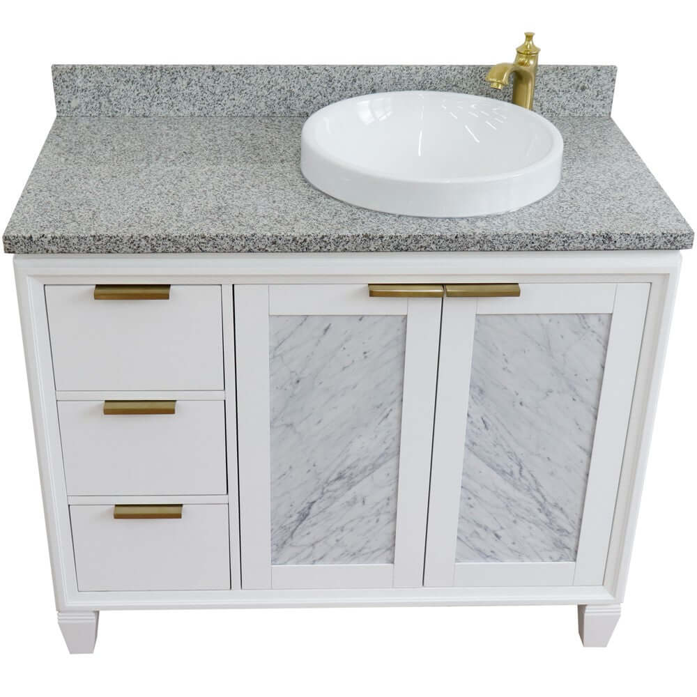 43" Single vanity in White finish with Gray granite and round sink- Right door/Right sink - 400990-43R-WH-GYRDR