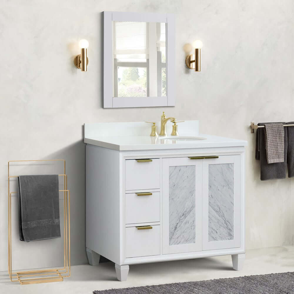 43" Single vanity in White finish with White quartz and oval sink- Right door/Right sink - 400990-43R-WH-WEOR