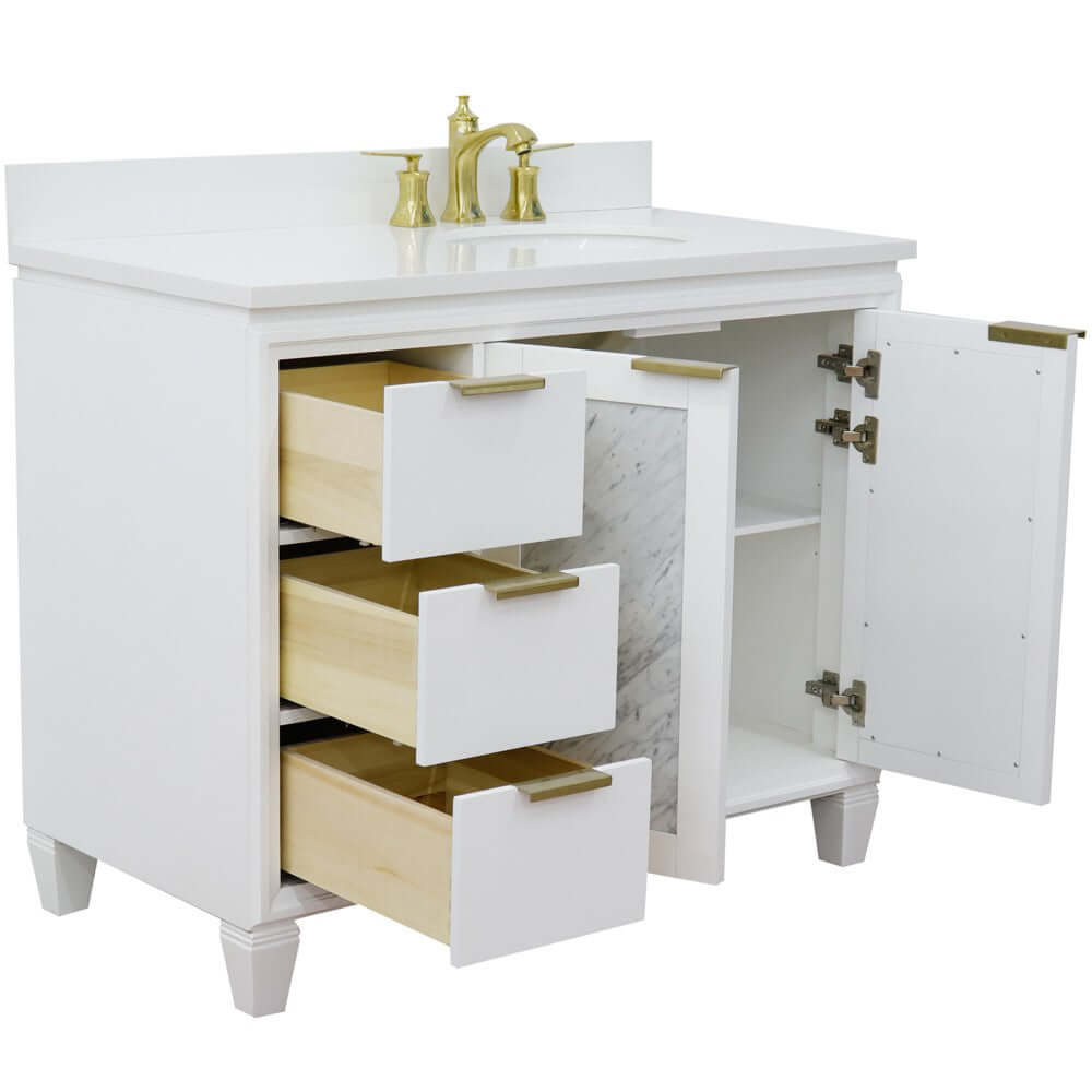 43" Single vanity in White finish with White quartz and oval sink- Right door/Right sink - 400990-43R-WH-WEOR