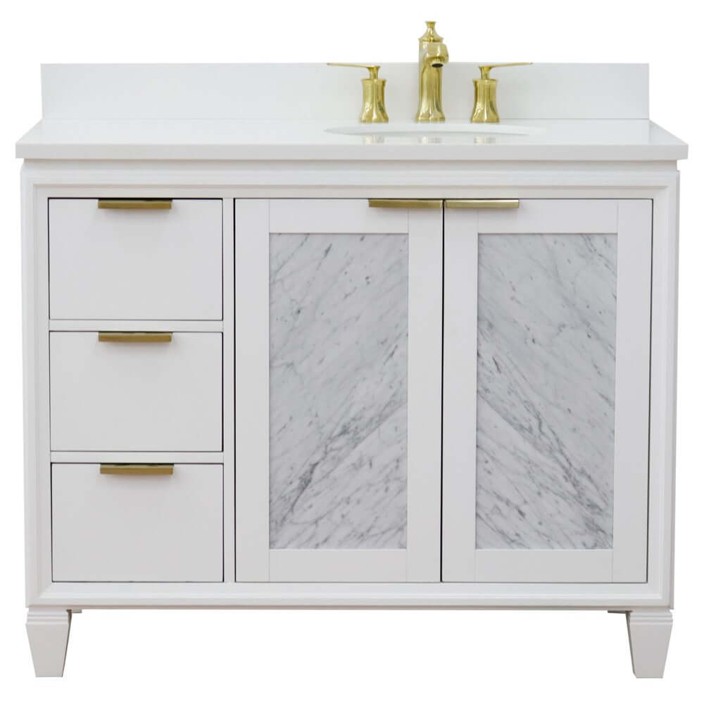 43" Single vanity in White finish with White quartz and oval sink- Right door/Right sink - 400990-43R-WH-WEOR