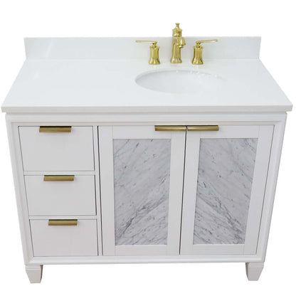 43" Single vanity in White finish with White quartz and oval sink- Right door/Right sink - 400990-43R-WH-WEOR