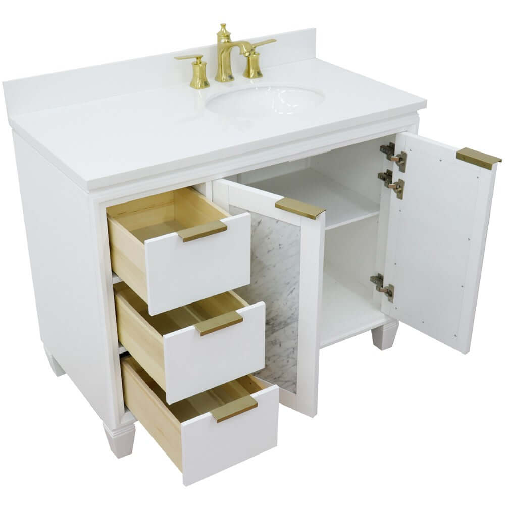 43" Single vanity in White finish with White quartz and oval sink- Right door/Right sink - 400990-43R-WH-WEOR