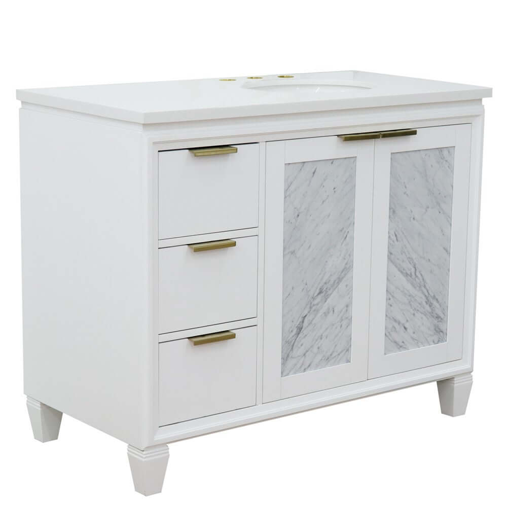 43" Single vanity in White finish with White quartz and oval sink- Right door/Right sink - 400990-43R-WH-WEOR