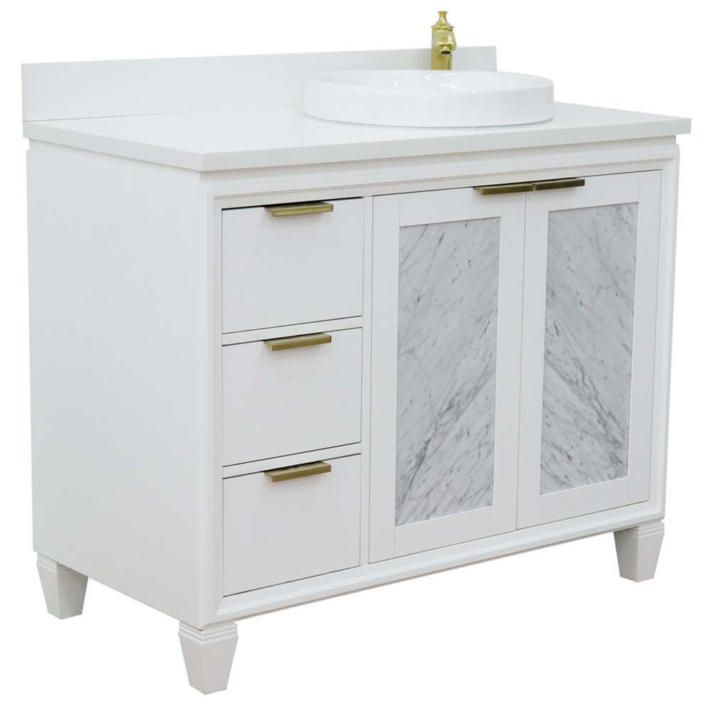 43" Single vanity in White finish with White quartz and round sink- Right door/Right sink - 400990-43R-WH-WERDR