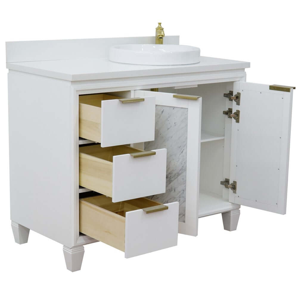 43" Single vanity in White finish with White quartz and round sink- Right door/Right sink - 400990-43R-WH-WERDR