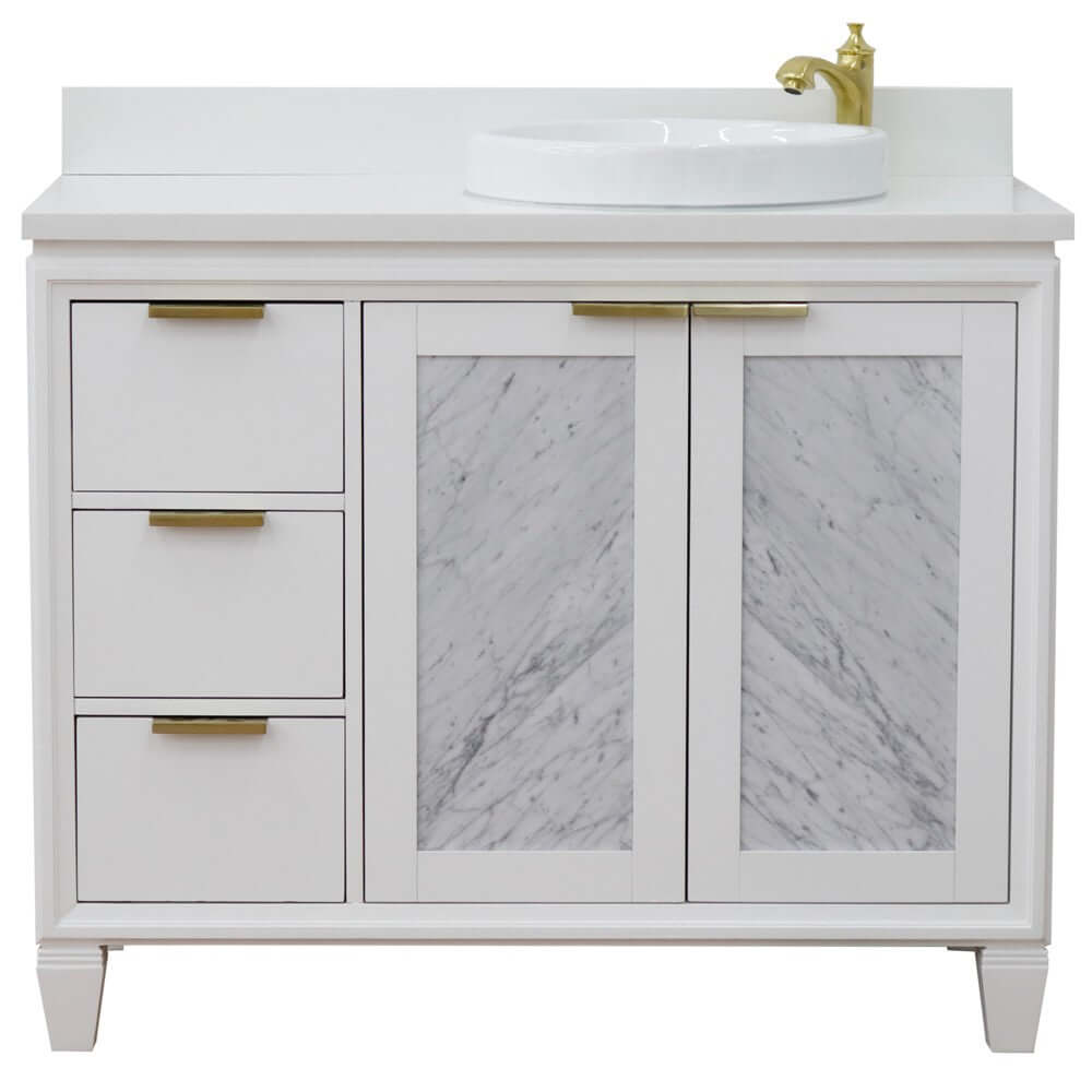 43" Single vanity in White finish with White quartz and round sink- Right door/Right sink - 400990-43R-WH-WERDR