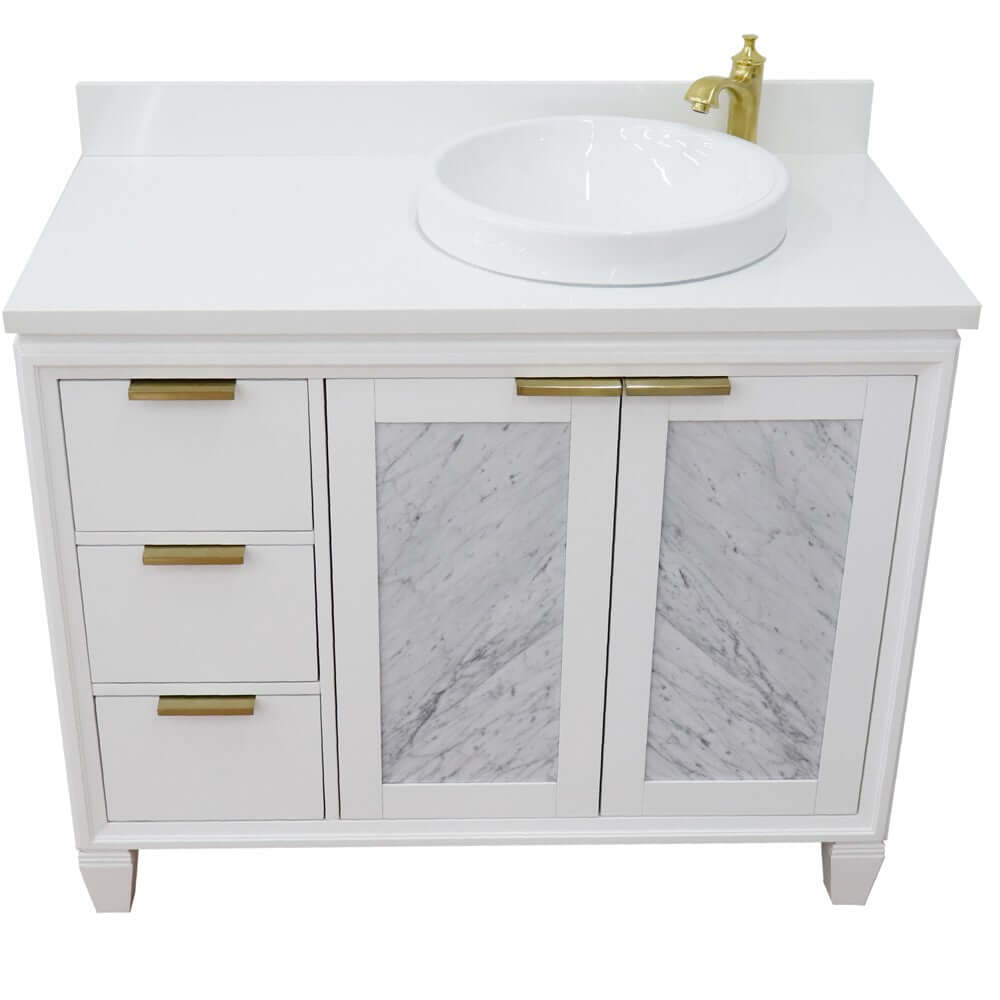 43" Single vanity in White finish with White quartz and round sink- Right door/Right sink - 400990-43R-WH-WERDR