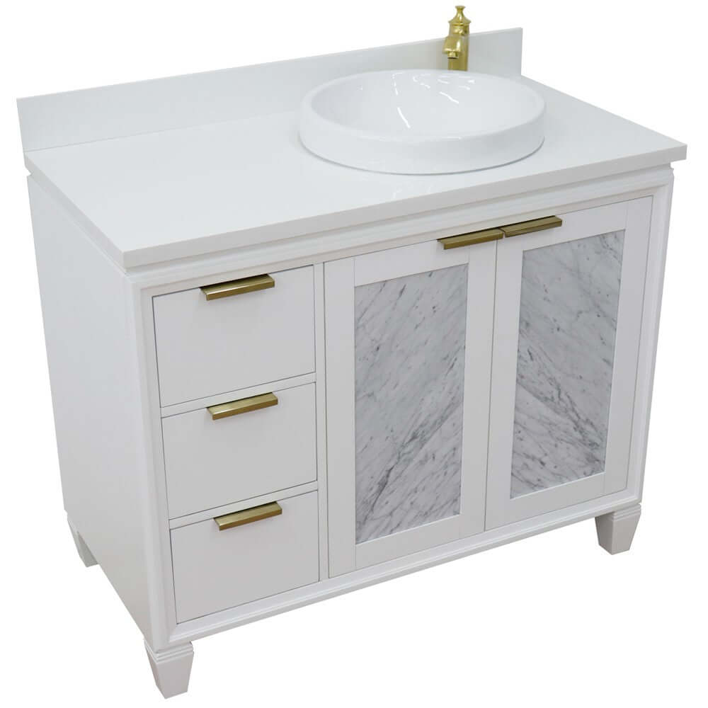 43" Single vanity in White finish with White quartz and round sink- Right door/Right sink - 400990-43R-WH-WERDR