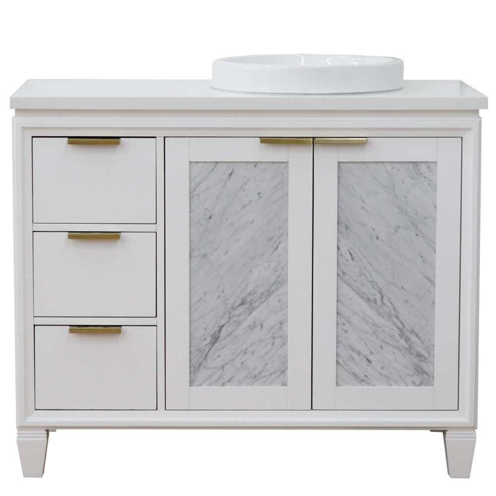 43" Single vanity in White finish with White quartz and round sink- Right door/Right sink - 400990-43R-WH-WERDR