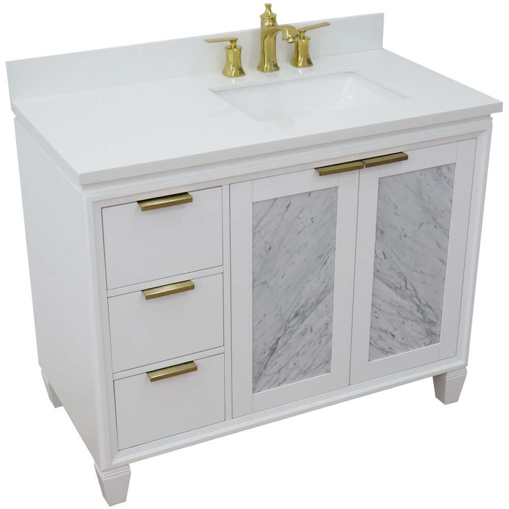 43" Single vanity in White finish with White quartz and rectangle sink- Right door/Right sink - 400990-43R-WH-WERR