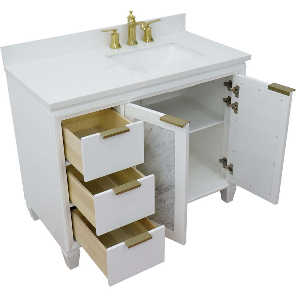 43" Single vanity in White finish with White quartz and rectangle sink- Right door/Right sink - 400990-43R-WH-WERR