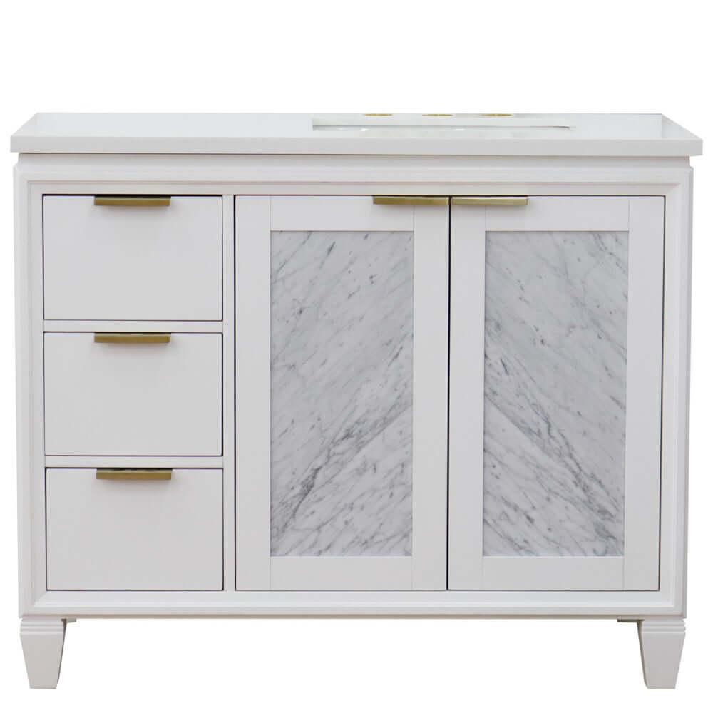 43" Single vanity in White finish with White quartz and rectangle sink- Right door/Right sink - 400990-43R-WH-WERR