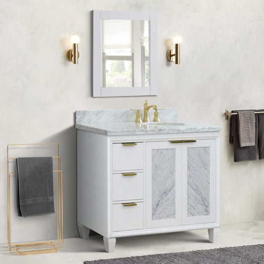 43" Single vanity in White finish with White Carrara and oval sink- Right door/Right sink - 400990-43R-WH-WMOR