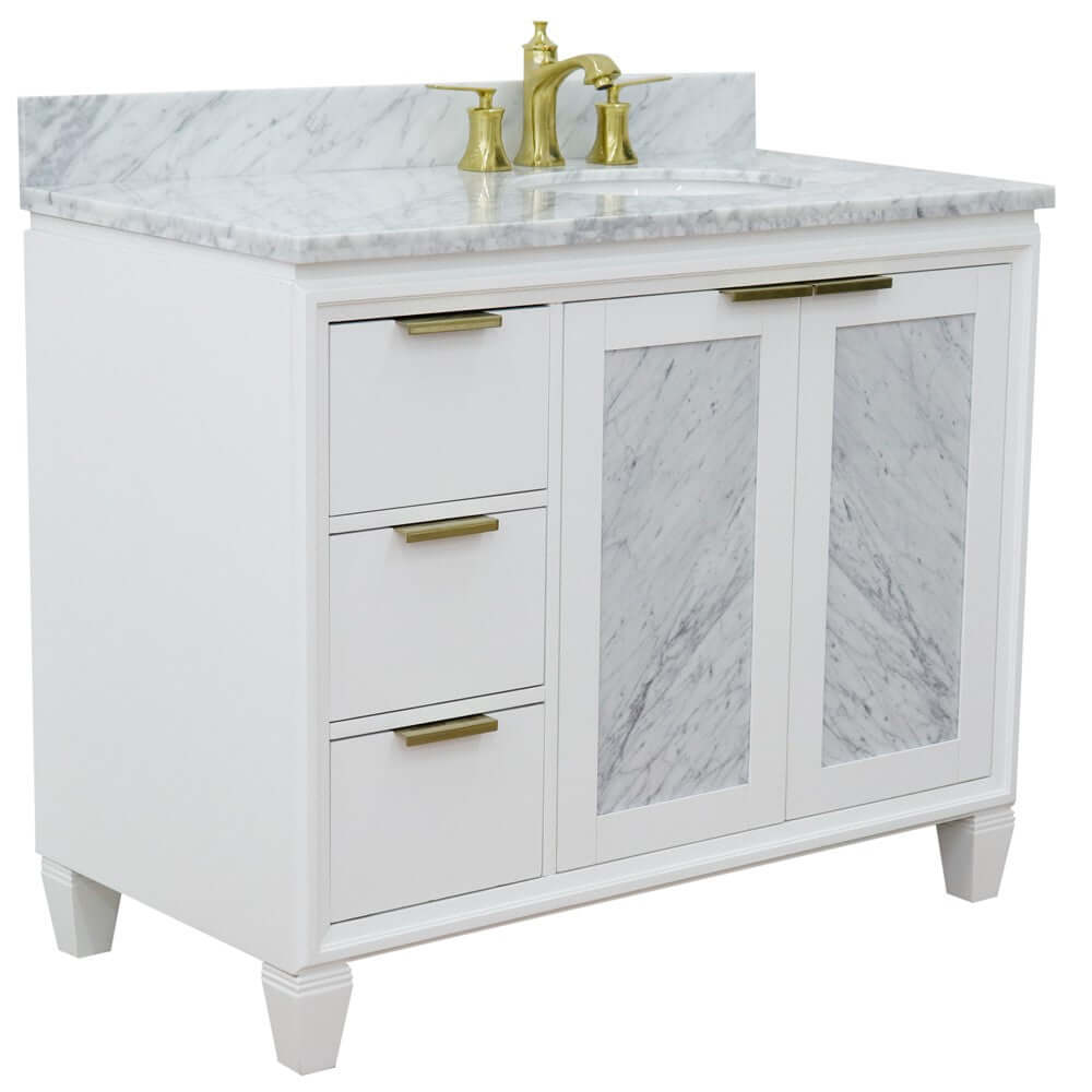 43" Single vanity in White finish with White Carrara and oval sink- Right door/Right sink - 400990-43R-WH-WMOR