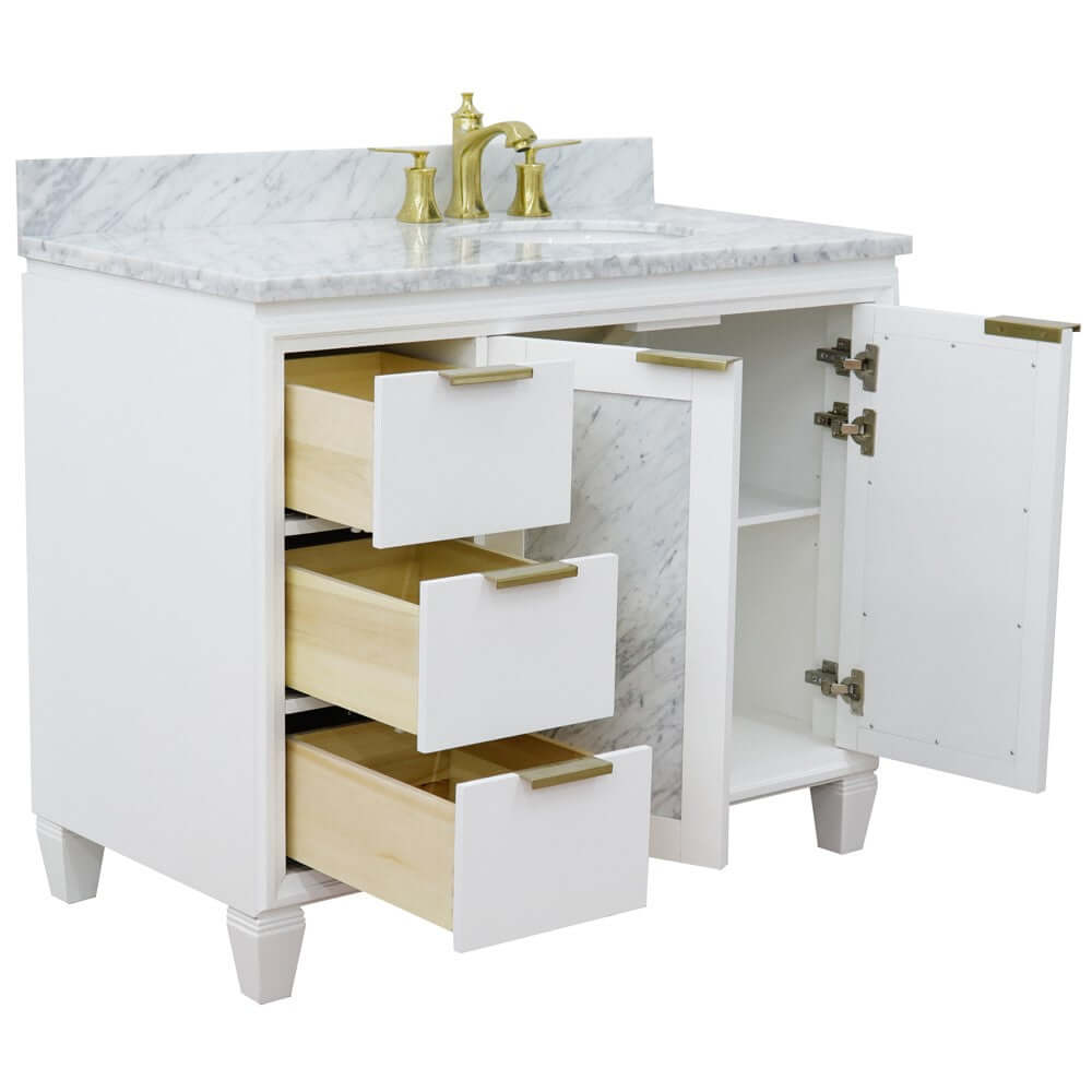 43" Single vanity in White finish with White Carrara and oval sink- Right door/Right sink - 400990-43R-WH-WMOR