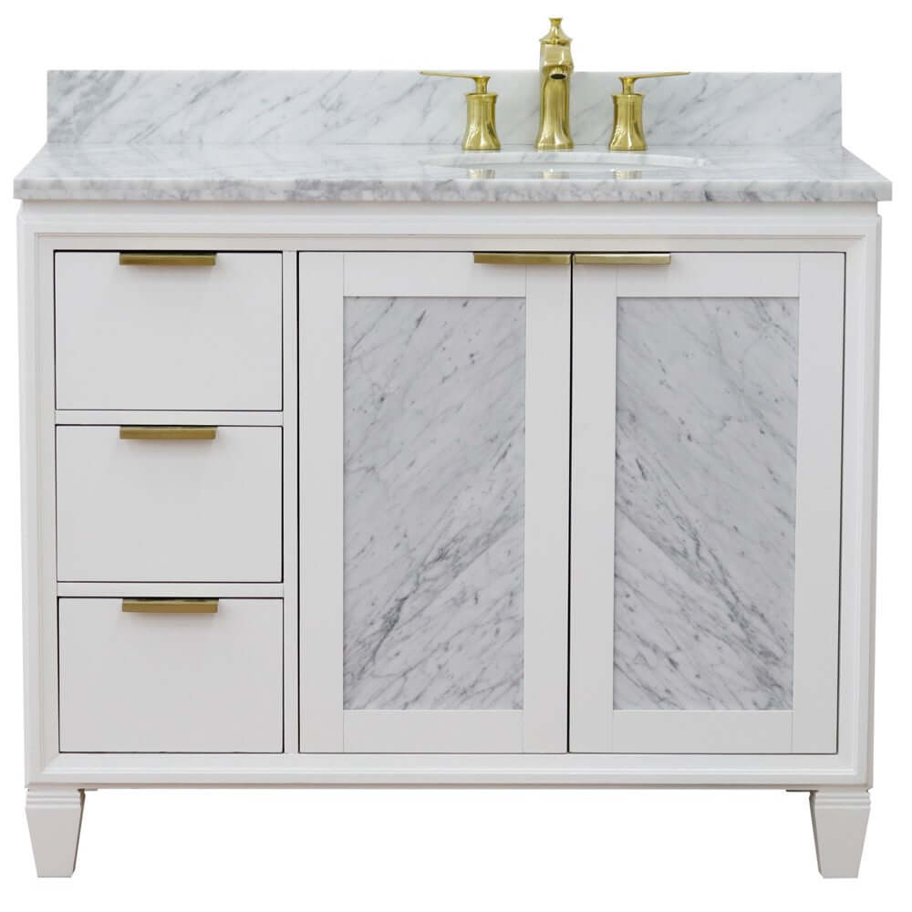 43" Single vanity in White finish with White Carrara and oval sink- Right door/Right sink - 400990-43R-WH-WMOR