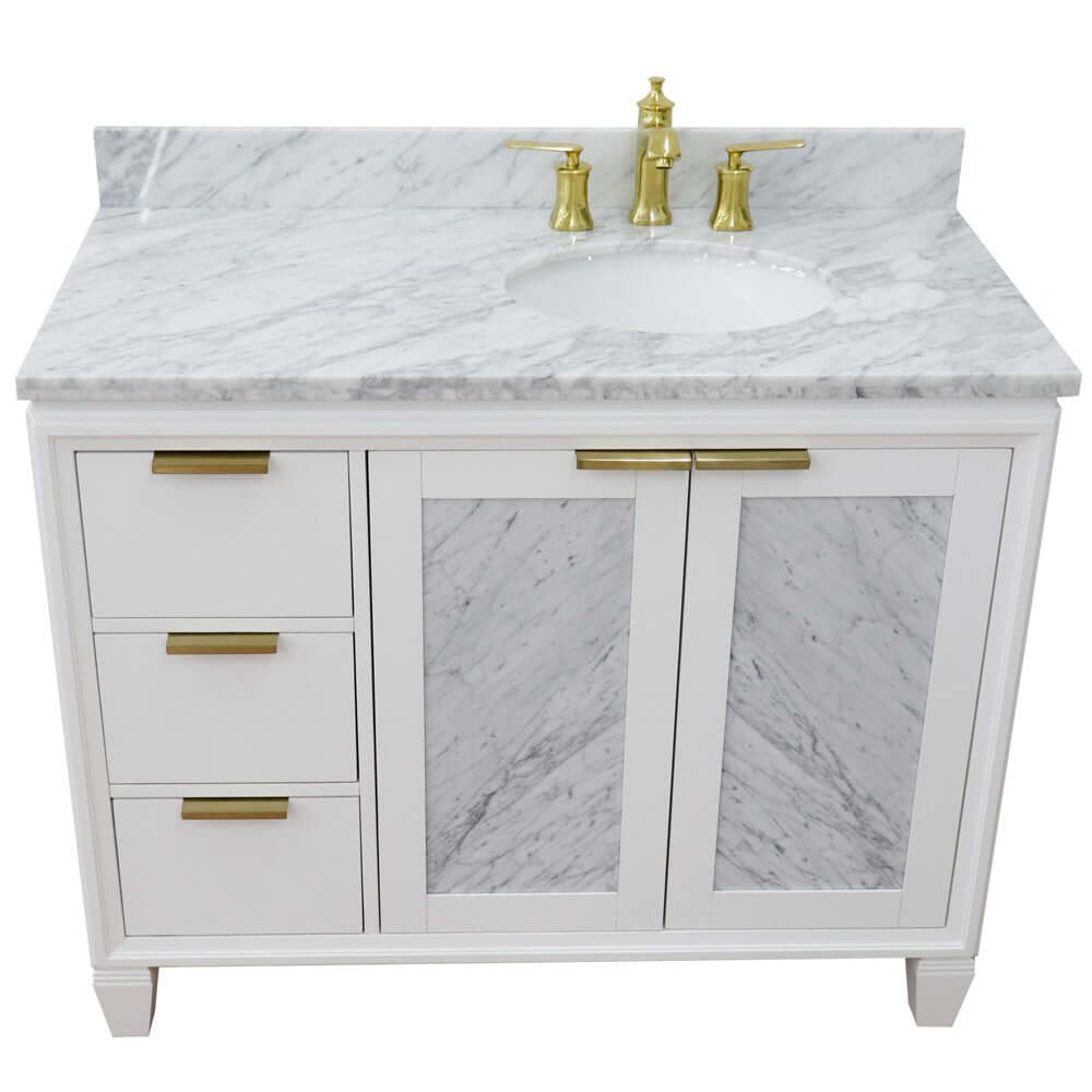 43" Single vanity in White finish with White Carrara and oval sink- Right door/Right sink - 400990-43R-WH-WMOR