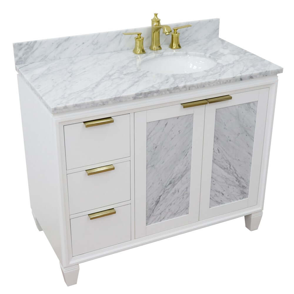 43" Single vanity in White finish with White Carrara and oval sink- Right door/Right sink - 400990-43R-WH-WMOR