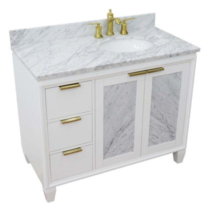 43" Single vanity in White finish with White Carrara and oval sink- Right door/Right sink - 400990-43R-WH-WMOR