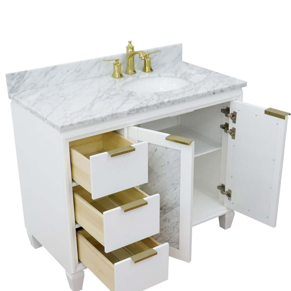 43" Single vanity in White finish with White Carrara and oval sink- Right door/Right sink - 400990-43R-WH-WMOR