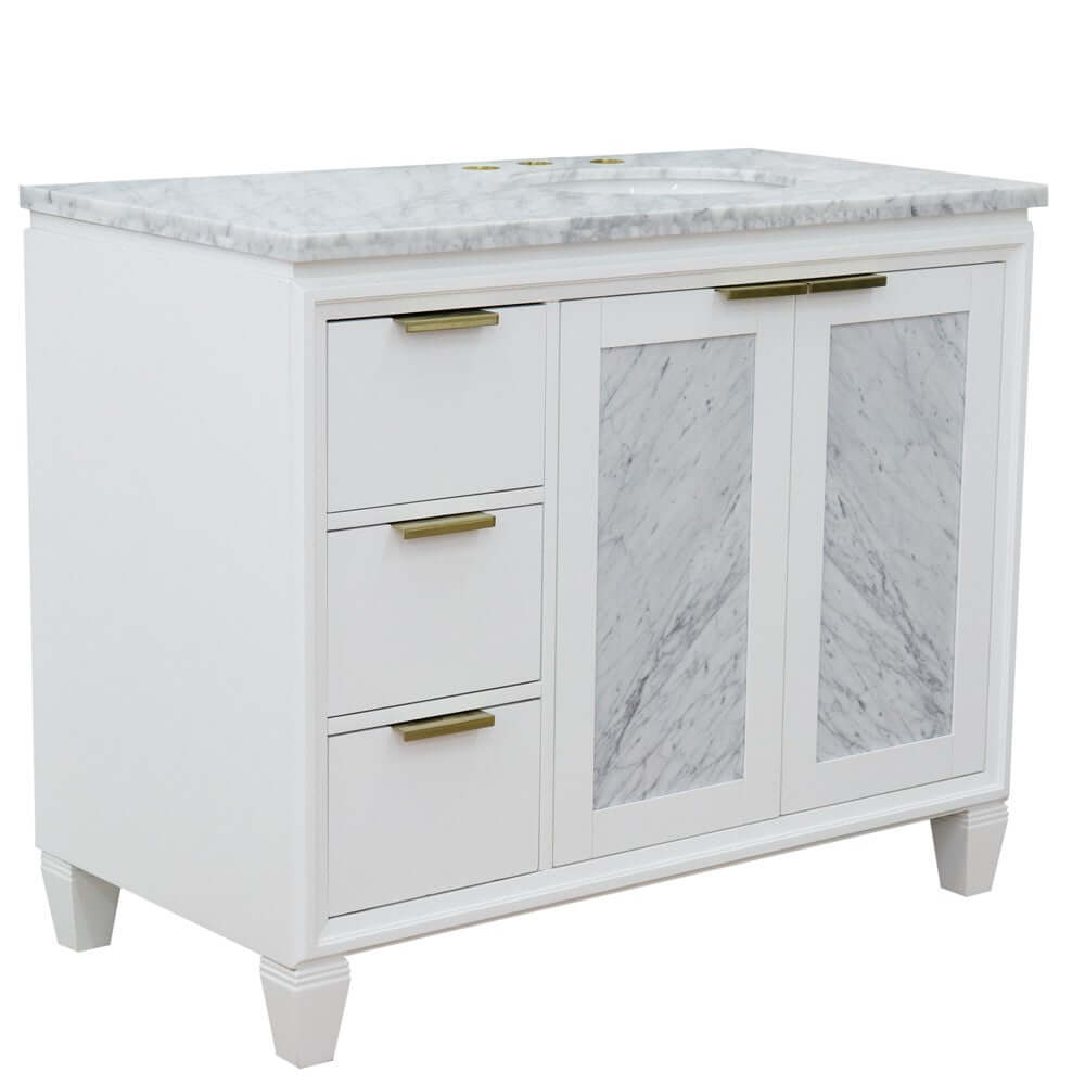 43" Single vanity in White finish with White Carrara and oval sink- Right door/Right sink - 400990-43R-WH-WMOR