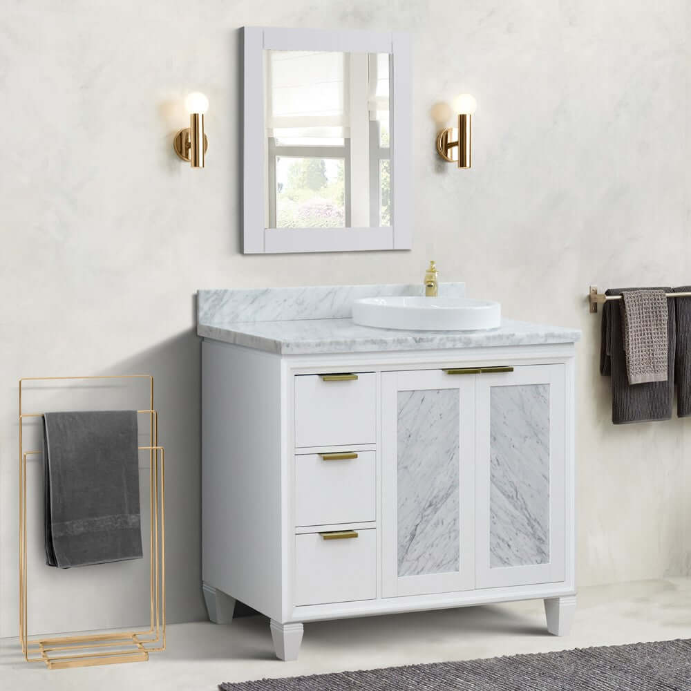 43" Single vanity in White finish with White Carrara and round sink- Right door/Right sink - 400990-43R-WH-WMRDR